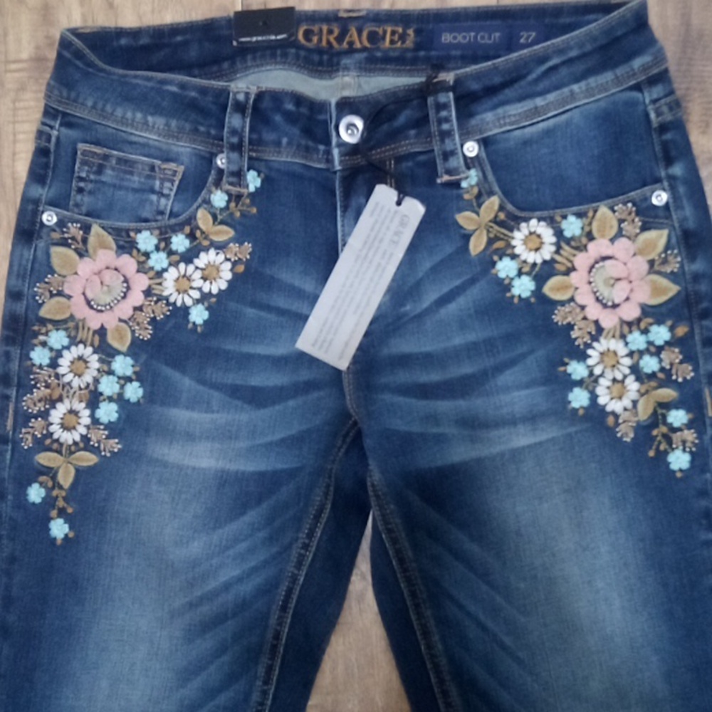 Grace in LA Women's Jeans 27 Bootcut Embellished Embroidered